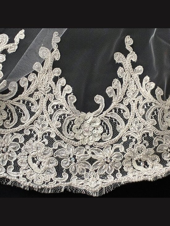 Cathedral Bridal Veil English Net Alençon Lace Beaded Pearl Veil Antique White main image 9